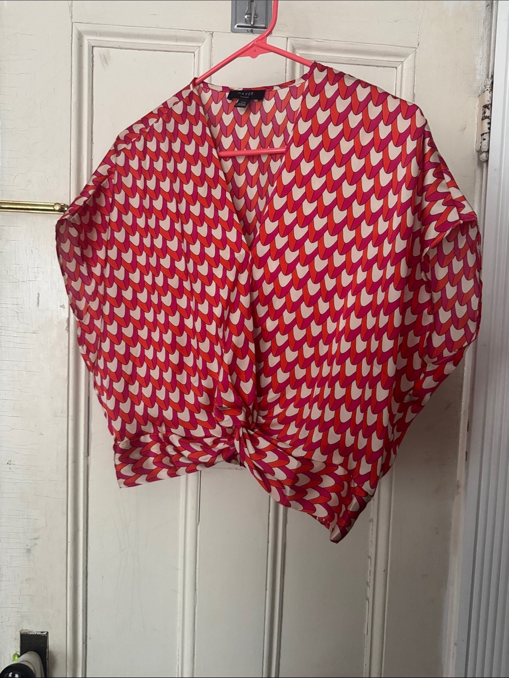Haver London Pink, Orange and Cream Patterned Knot-Front Blouse